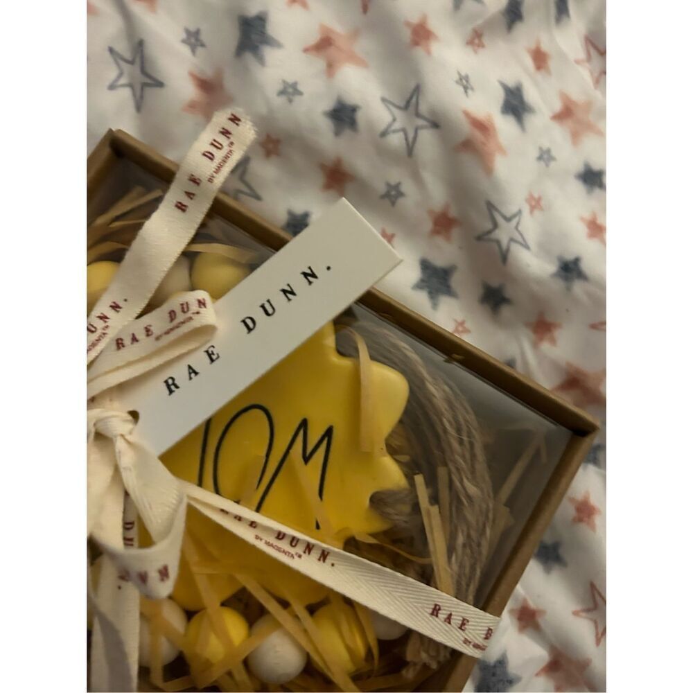 Rae Dunn Farmhouse Wood Bead Garland Ceramic "MOM" Charm in Yellow